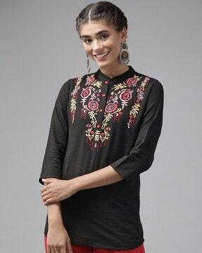 floral embroidered collar-neck tunic