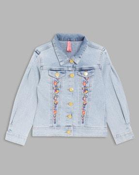 floral embroidered jacket with flap pockets