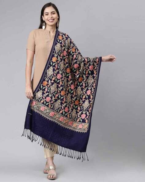 floral embroidered kashmiri shawl with fringes