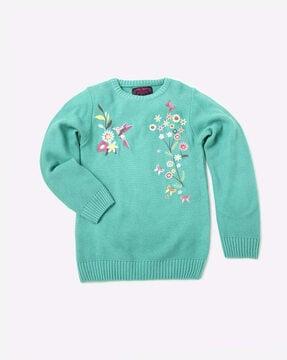 floral embroidered knitted round-neck sweater