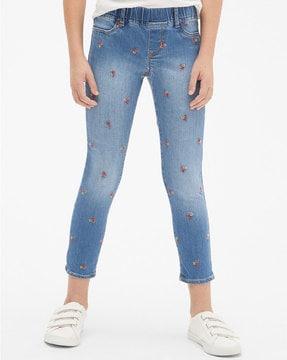 floral embroidered mid-wash jeggings