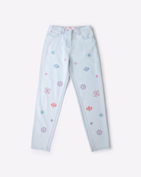 floral embroidered mom fit jeans