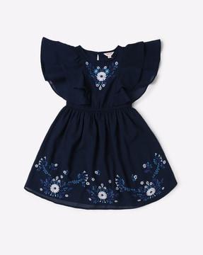 floral embroidered round-neck fit & flare dress
