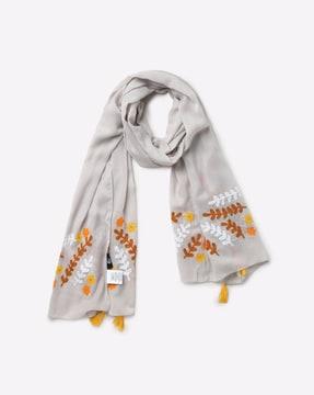 floral embroidered scarf with tassels
