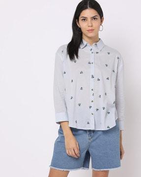 floral embroidered shirt with high-low hem