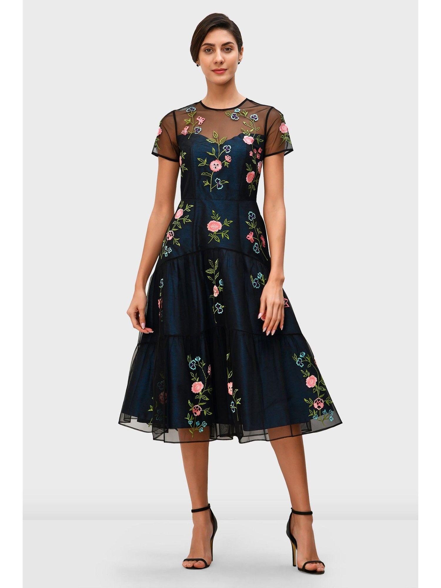 floral embroidery illusion tulle and dupioni dress