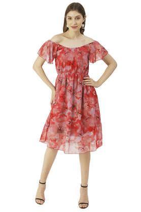 floral faux georgette off shoulder women's maxi dress - red
