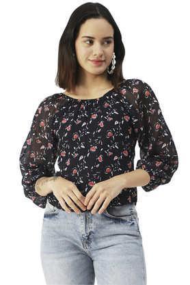 floral faux georgette round neck women's top - navy