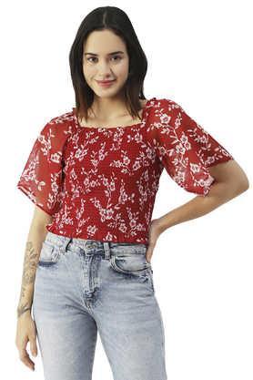 floral-faux-georgette-square-neck-women's-top---red