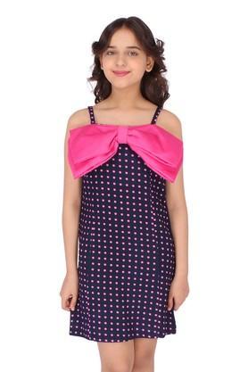 floral georgette & satin square neck girls casual wear dress - navy