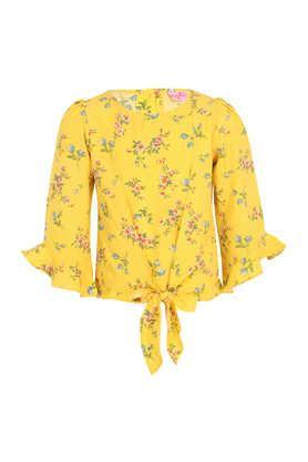 floral georgette round neck girls top - yellow
