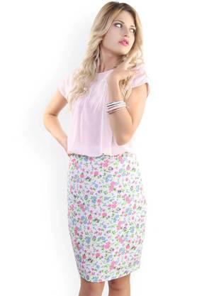 floral georgette round neck women's knee length dress - pink