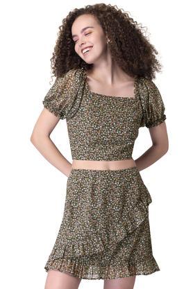 floral georgette square neck women's top - skirt set - green