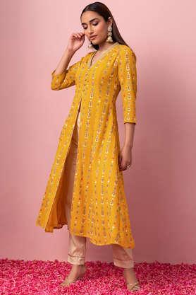 floral georgette v-neck women's casual wear kurta - yellow