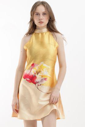 floral halter neck polyester women's mini dress - yellow
