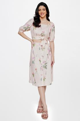 floral linen regular fit women's top and skirt set - pale pink