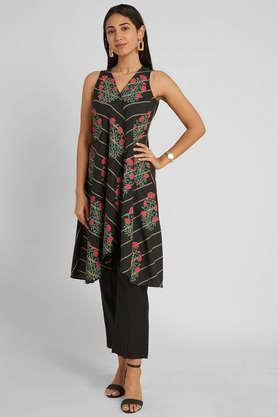 floral linen v-neck women's casual wear kurta - teal black