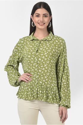 floral lyocell collar neck womens top - green