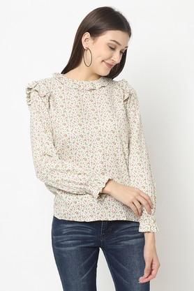 floral lyocell round neck women's top - off white