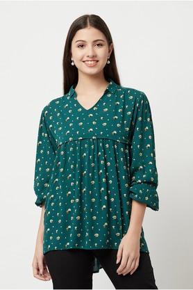 floral lyocell v neck womens top - green