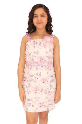 floral net square neck girls casual dress - cream