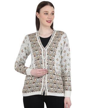 floral pattern cardigan with ribbed hem