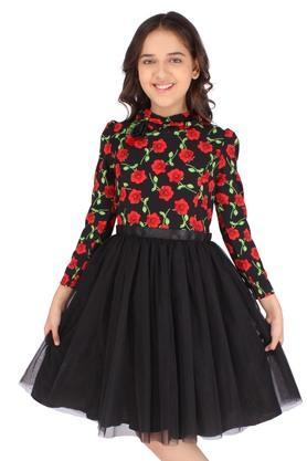 floral polyester blend round neck girls dress - black