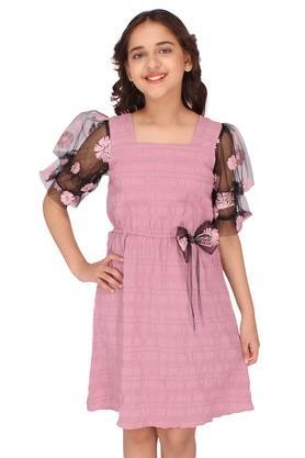 floral polyester blend square neck girls casual dress - dusty pink
