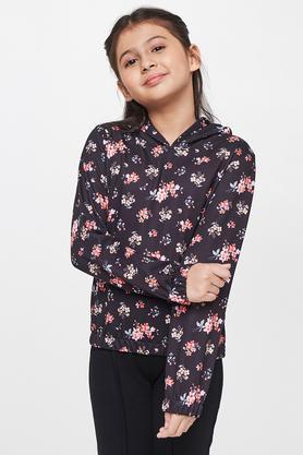 floral polyester collar neck girls jackets - black