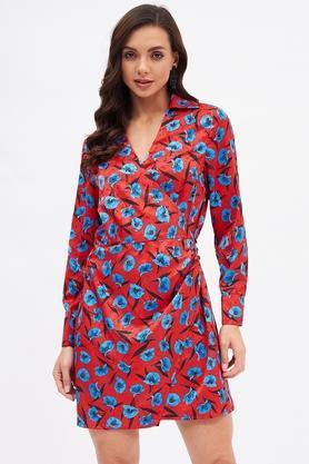 floral polyester collar neck women's mini dress - red