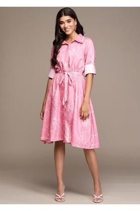 floral polyester collar neck womens knee length dress - pink