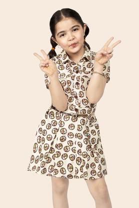 floral polyester collared girls dress - sand