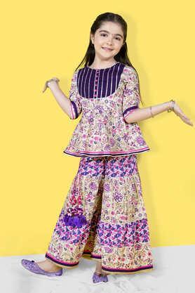 floral polyester full length girls kurta with sharara - natural