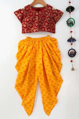 floral polyester full length girls top & dhoti pant set - red