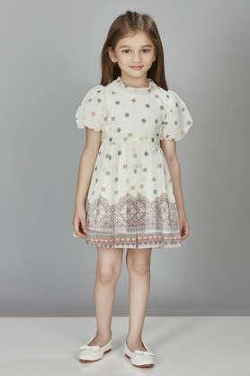 floral polyester girls casual wear knee length dress - cream