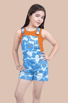 floral polyester girls dungaree shorts with t-shirt set - blue