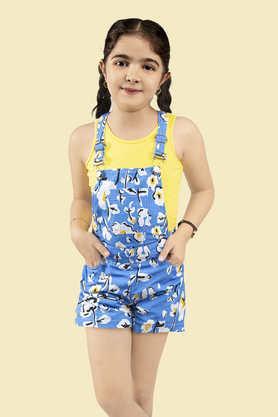 floral polyester girls dungaree shorts with t-shirt set - blue