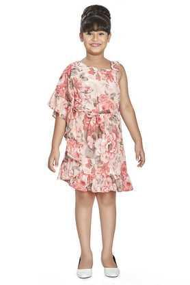 floral polyester one shoulder girl's dress - peach