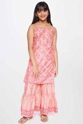 floral polyester regular fit girls ethnic set - pink