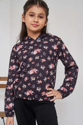 floral polyester regular fit girls jacket - black