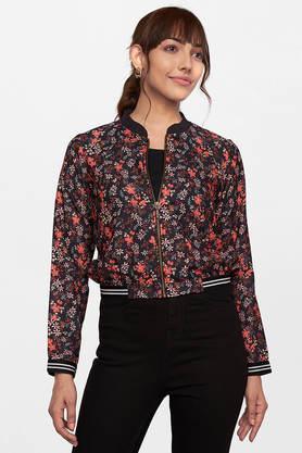 floral polyester regular fit women's jacket - black