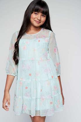 floral polyester round neck girl's casual wear dress - green