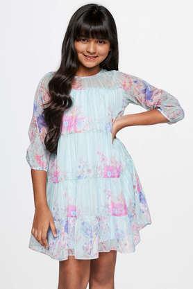 floral polyester round neck girl's party wear dress - sea blue