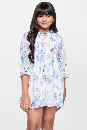 floral polyester round neck girls casual wear dress - multi