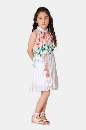 floral polyester round neck girls casual wear dress - peach