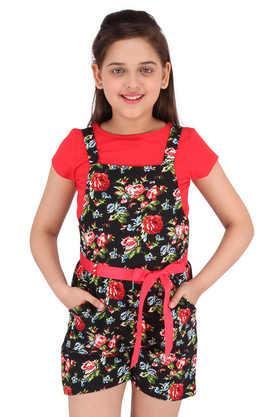 floral polyester round neck girls casual wear dress - red