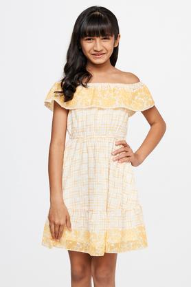 floral polyester round neck girls casual wear dress - yellow