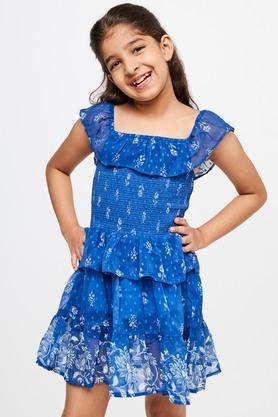 floral polyester round neck girls dress - mid blue