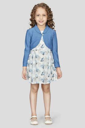 floral polyester round neck girls party wear dress - blue