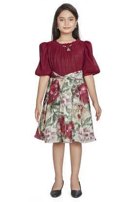 floral polyester round neck girls party wear dress - maroon